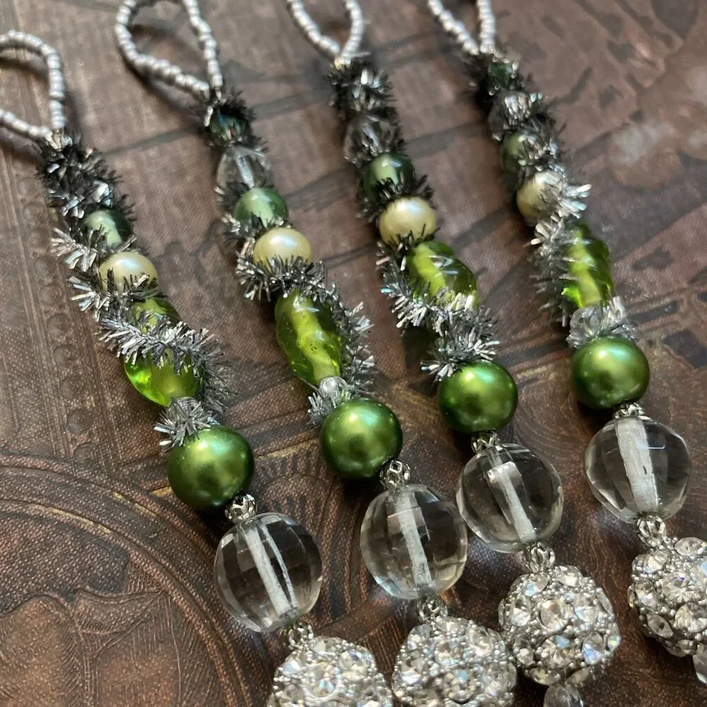 Green Beaded Christmas Ornaments 4 Pcs Victorian Style